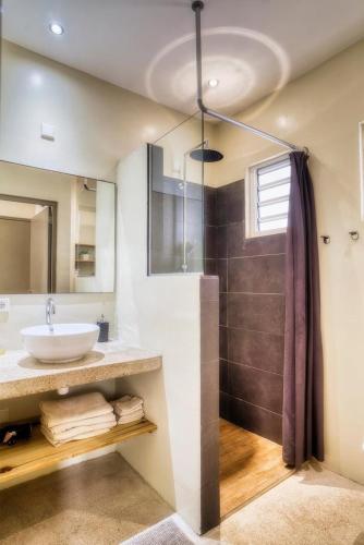 a bathroom with a sink and a shower at Azulita Resort in Willemstad