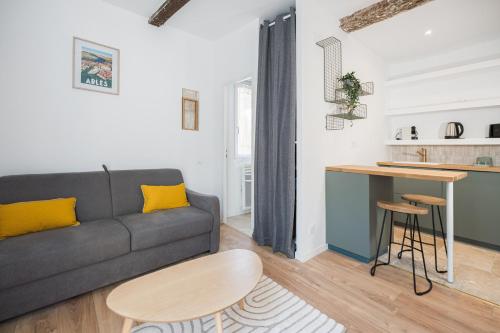 un salon avec un canapé et une table dans l'établissement Le Nid - Charmant Studio au Cœur d'Arles, à Arles