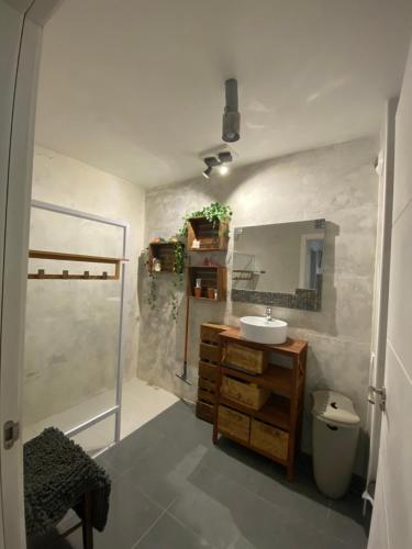 une salle de bain avec un lavabo et un miroir dans l'établissement Terre et mer, à Urrugne