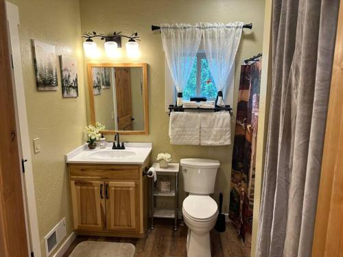 un bagno con un water, un lavandino e uno specchio di Air Conditioned Private Guest Suite a Roosville