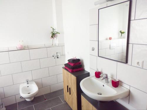 a bathroom with a sink and a toilet and a mirror at Zum Schmetterlingsflieder in Kettershausen