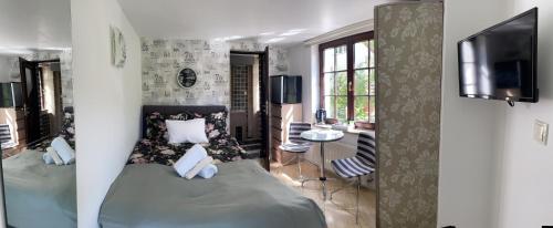 a bedroom with a bed and a tv and a table at Willa Solina in Solina