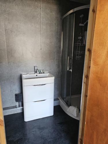 a bathroom with a white sink and a shower at The New Brighton Hotel in New Brighton