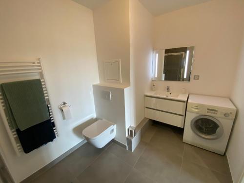une salle de bain avec une machine à laver et un lavabo dans l'établissement Studio Hakuna Matata Disney 5 min Parking, à Montévrain