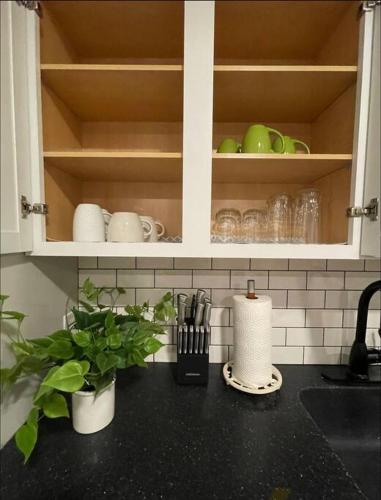 a kitchen counter with a sink and a cupboard at Gold Coast -The Liberty Suite 70 -Modern & Spacious Studio in Papillion
