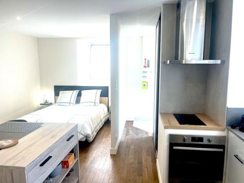 Ένα ή περισσότερα κρεβάτια σε δωμάτιο στο Studio 30m2, parking, 2 pers, 10 min d'Aurillac