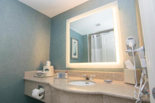 a bathroom with a sink and a large mirror at Wingate By Wyndham - Orlando International Airport- Free Hot Breakfast in Orlando