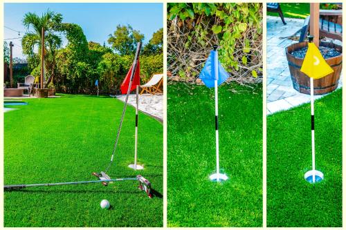 a group of four pictures of golf poles in the grass at Coastal Farmhouse with mini Golf, Private Beach &Spa in Naples