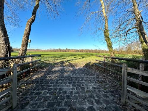 a path in a field with trees and a fence at Le domaine de Brie in Châtillon-la-Borde