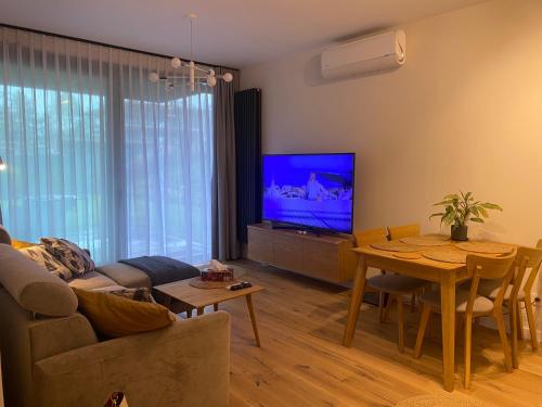 オルシュティンにあるApartament Warmiński Portのソファとテーブル、テレビのあるリビングルーム