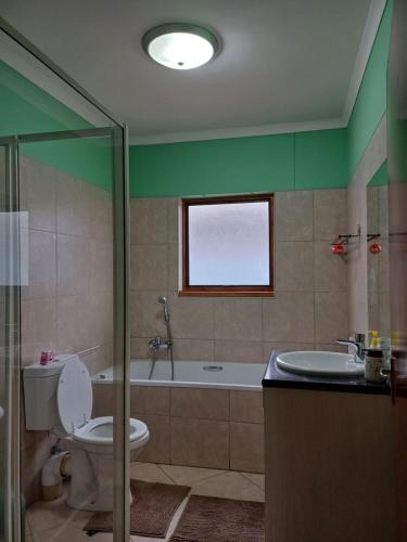 a bathroom with a toilet and a tub and a sink at The Columbine Holiday Home in Swakopmund
