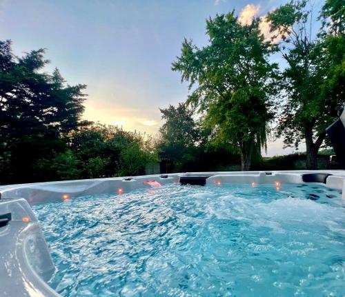 a hot tub with blue water in a backyard at Le domaine de Brie in Châtillon-la-Borde