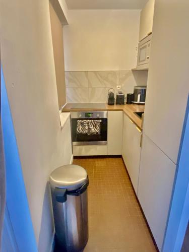 - une petite cuisine avec une poubelle au sol dans l'établissement Studio centre ville, à Lille