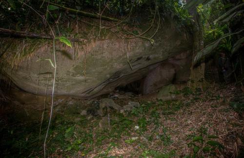 a cave in a forest with a large rock at Lago 7 Cores in Tapiraí