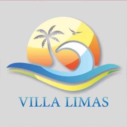Un logo con una playa y una palmera. en Villa limas, en Al Baḩḩāth