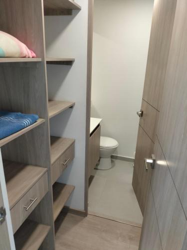 a bathroom with a closet with wooden shelves and a toilet at Apartamento Sabaneta Antioquía in Sabaneta