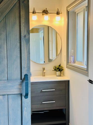 a bathroom with a sink and a mirror at Muskoka Sandy Beach Cottage in Bala