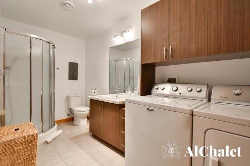 a kitchen with a washer and a sink and a toilet at Chalet A-Évasion- Holidays & Spa in Petite-Rivière-Saint-François
