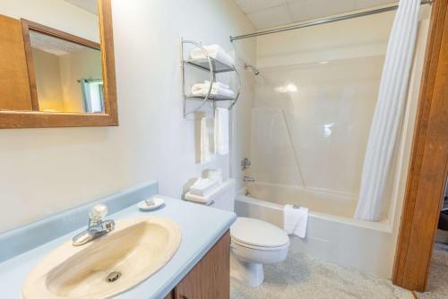 a bathroom with a sink and a toilet and a mirror at Fireside Inn and Suites Bangor in Bangor