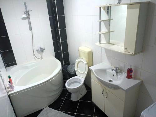 a bathroom with a toilet and a tub and a sink at Historia Hostel in Skopje