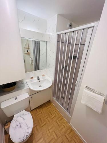 une salle de bain blanche avec des toilettes et un lavabo dans l'établissement Studio cozy - Paris La Défense Arena - Courbevoie, à Courbevoie