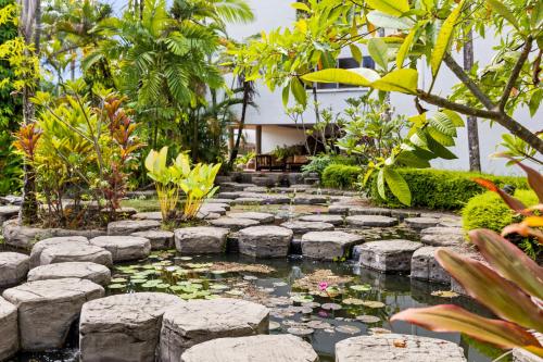 a koi pond in a garden with rocks and plants at Ultra Modern Studio Apartment in Club Tropical in Port Douglas