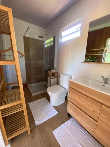 a bathroom with a toilet and a sink at Fare Maraea in Moorea