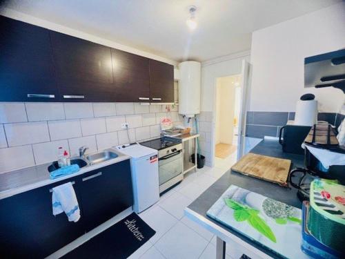 une cuisine avec un évier et un plan de travail dans l'établissement Confortable F3 à Amélie-les-Bains avec Parking Facile et WIFI, proche du Centre et des Cures - FR-1-703-187, à Amélie-les-Bains-Palalda