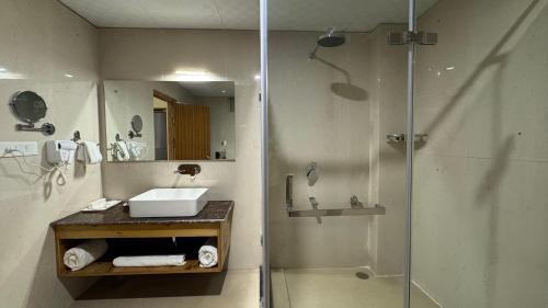 a bathroom with a sink and a shower at Crown Himalaya in Leh