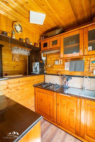 a kitchen with wooden cabinets and a stove top oven at Rum Haz in Borzont