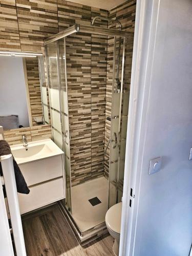 une salle de bain avec une douche, des toilettes et un lavabo dans l'établissement Port frejus à 2 pas de la mer, à Fréjus