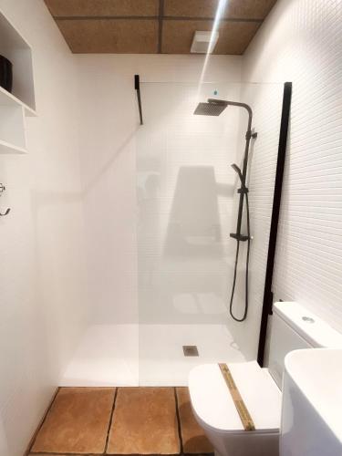 un bagno bianco con doccia e WC di La Villa a Sant Jaume d'Enveja
