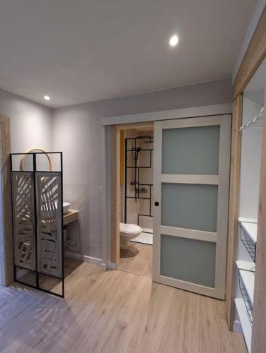 La salle de bains est pourvue de toilettes et d'une porte en verre. dans l'établissement Appartement au cœur des alpes, à Albertville