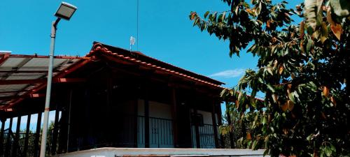 a building with a street light next to a tree at ORFANIDISHAUS 300 m απο παραλια ΟΡΦΑΝΙΟΥ - in Orfánion