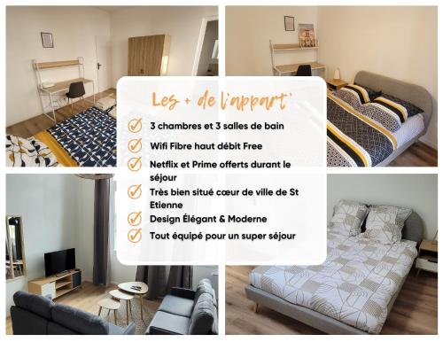 Posteľ alebo postele v izbe v ubytovaní Bel Appart' 3 chambres 3 Sdb au centre-ville St Etienne