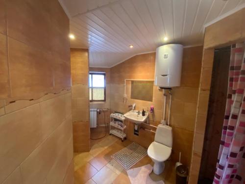a large bathroom with a toilet and a sink at Maja Nurme 47, Narva-Jõesuu in Narva-Jõesuu