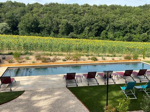 a swimming pool with chairs and a field of sunflowers at Sans Souci Bed and Breakfast Luxe Heated Pool and Restaurant in Luzillé