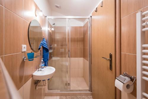 a bathroom with a shower and a sink at Ubytovanie Eva in Oščadnica