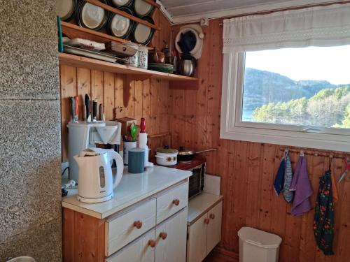 a kitchen with wood paneled walls and a window at Flott feriehus Søgne in Kristiansand
