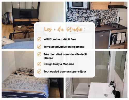 un flyer pour un petit appartement avec une cuisine et un évier dans l'établissement Studio cosy Saint-Étienne centre ville, à Saint-Étienne