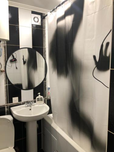 a bathroom with a sink and a mirror at Бухар -Жырау 72 in Karagandy