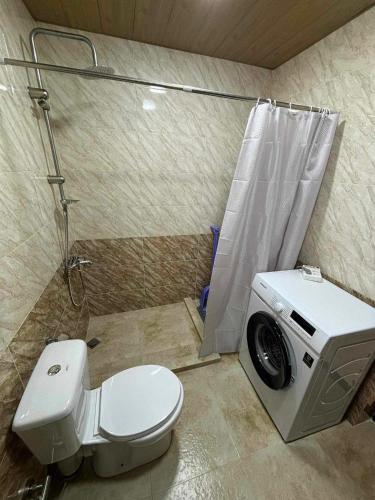 a bathroom with a toilet and a washing machine at Quiet cottage, Stepantsminda, Achkhoti in Ach'khoti