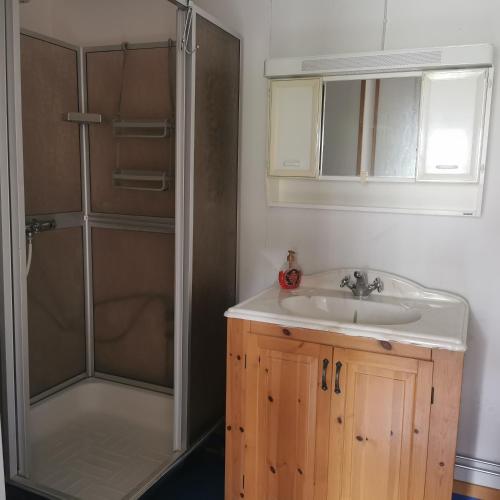 a bathroom with a sink and a shower at Åkersjön lägenhet in Vallrun