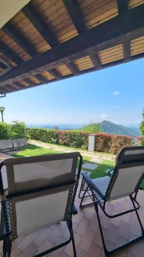 a patio with a table and two chairs on a porch at Casa Angy in Adrara San Rocco