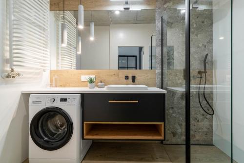 a bathroom with a washing machine and a sink at Verde Kato Apartment Francuska - FREE PARKING - Self check-in in Katowice