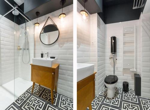 une salle de bain avec un lavabo et des toilettes dans l'établissement Mazzini, centre historique et climatisé, Lyon 1er, à Lyon