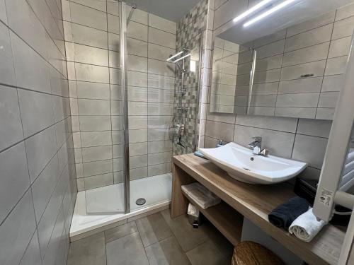 une salle de bain avec un lavabo et une douche dans l'établissement Grimaud La Palmeraie, à Grimaud