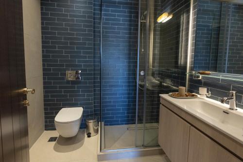 a bathroom with a toilet and a glass shower at Tis Ouranias in Koukouli