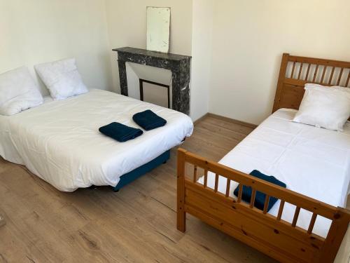 - 2 lits jumeaux dans une chambre avec cheminée dans l'établissement Jolie appartement 5 pers, à Saint-Fargeau