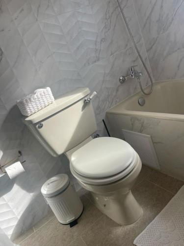 a white bathroom with a toilet and a bath tub at T&L Apartments Germasogia in Limassol